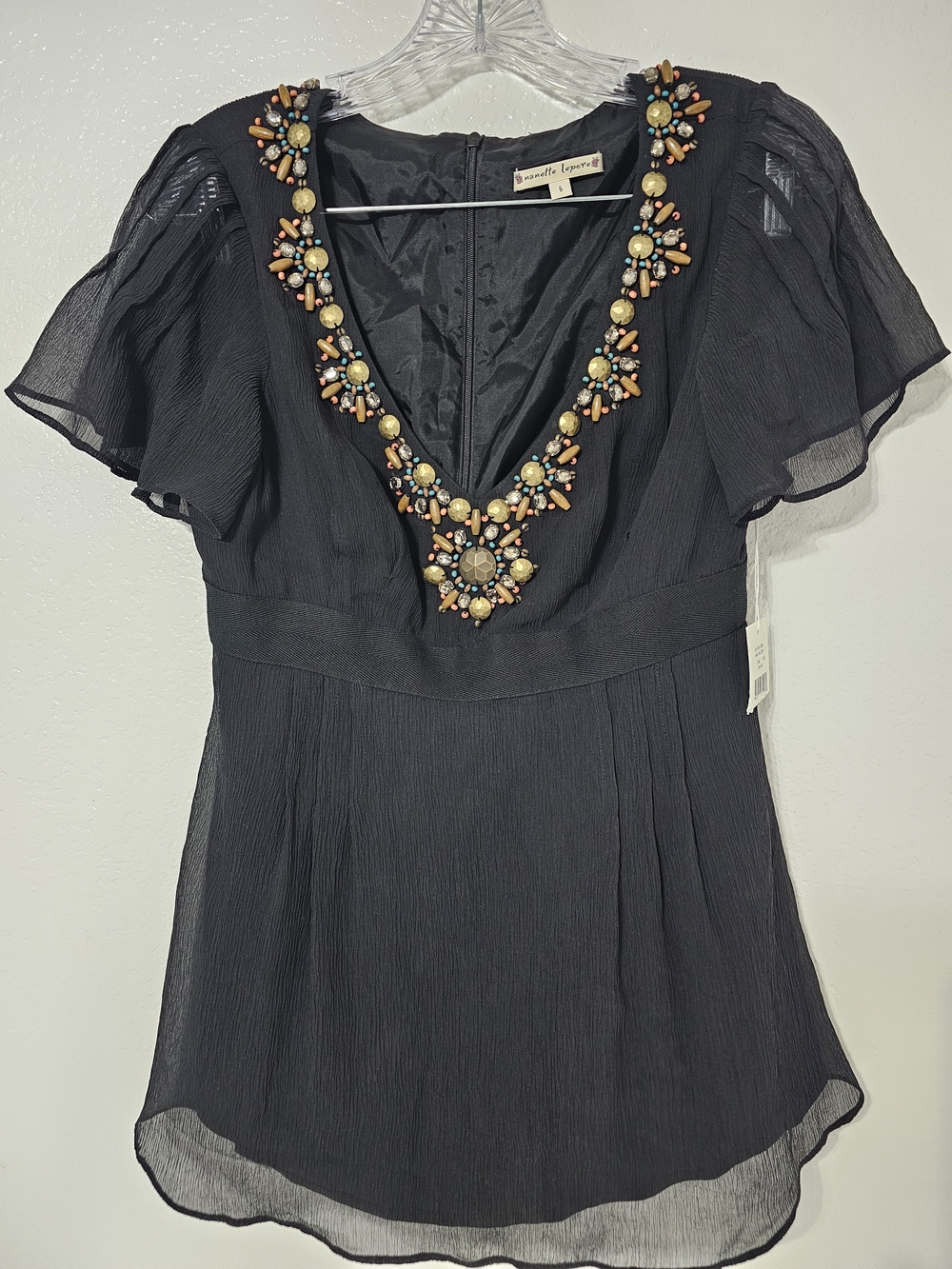 Nanette Lepore 100% Silk Embellished Beaded Flutter Sleeve Tunic Blouse Top Blk - Picture 5 of 9